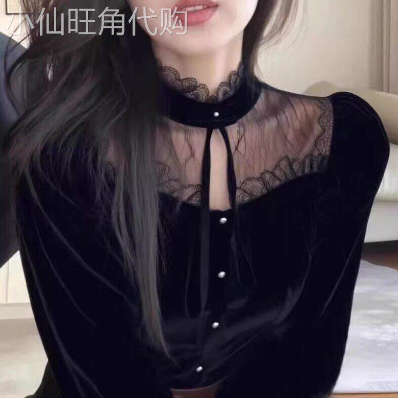 法式轻奢黑色蕾丝拼接镂空丝绒衬衫女秋冬长袖显瘦叠穿打底上衣