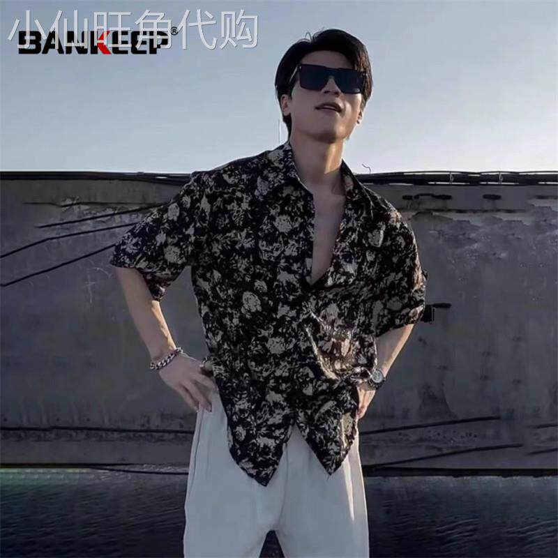 高端冰丝花衬衫短袖男士夏季2026新款潮流痞帅高级垂坠感衬衫男款