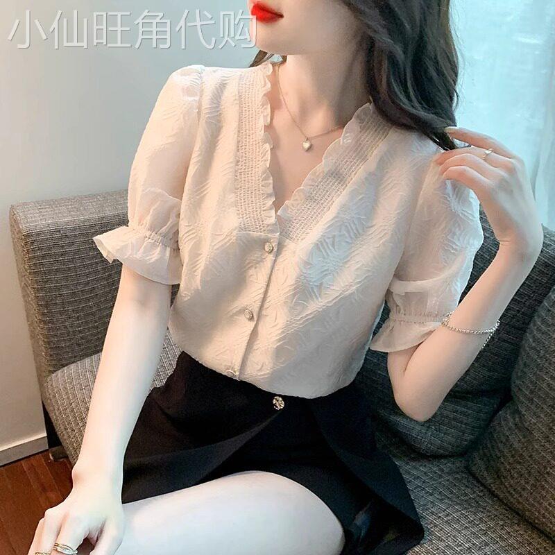 雪纺衬衫女2026新款夏季薄款V领高级感轻奢减龄洋气短袖小衫上衣