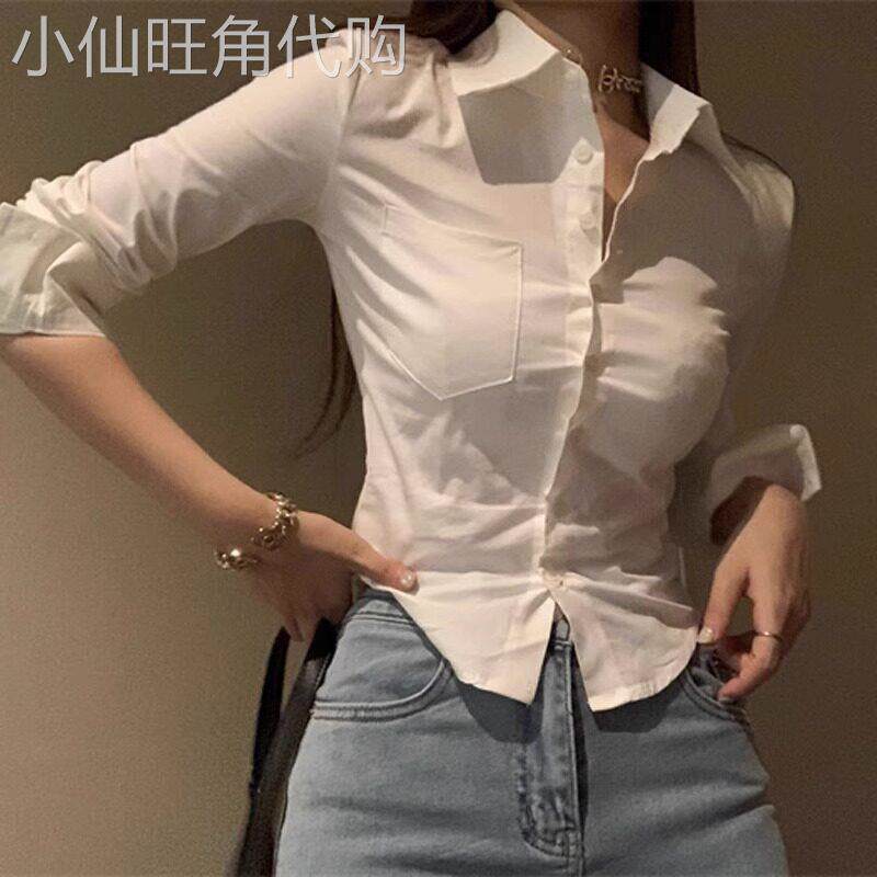 白色长袖衬衫女款2025年新款春夏过渡穿搭纯欲风修身收腰短版衬衫