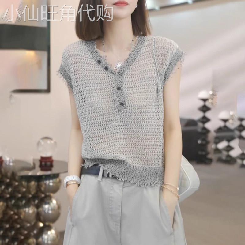 潮牌时尚短袖T恤女2026新款夏季欧货小众圆领撞色V领镂空针织上衣