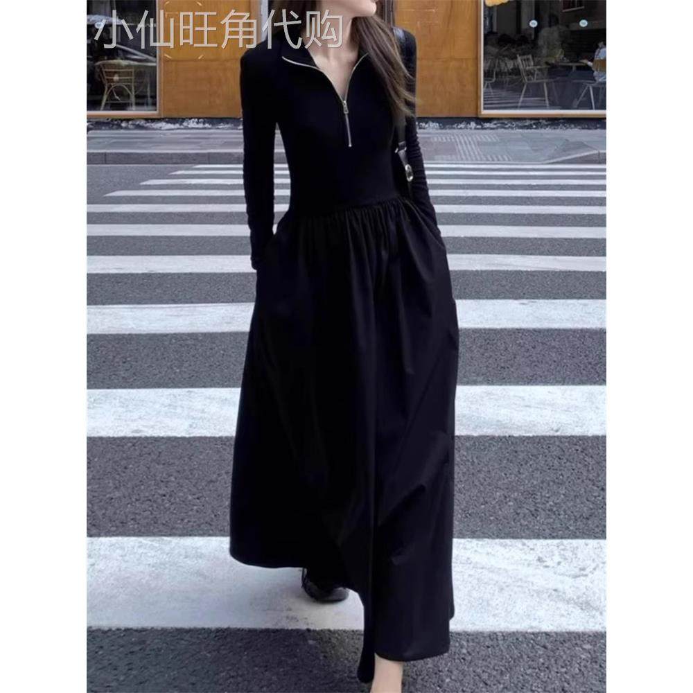 黑色长袖针织连衣裙女夏季新款收腰显瘦半拉炼翻领气质大摆裙长裙