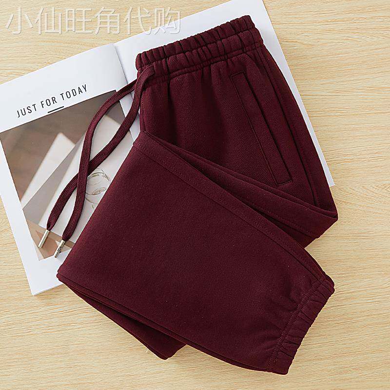 韩国大码安可拉红运动裤女春秋新款束脚卫裤纯棉休闲裤九分加绒裤