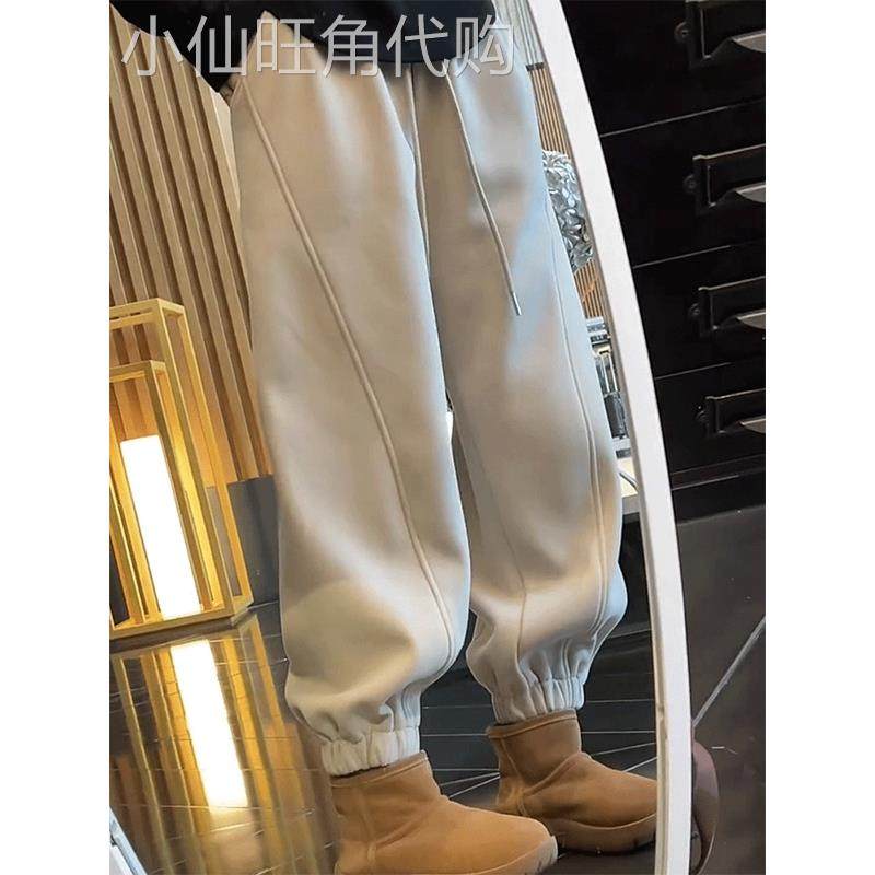 小个子加绒束脚运动裤女冬季新款高腰显瘦加厚直筒卫裤休闲哈伦裤