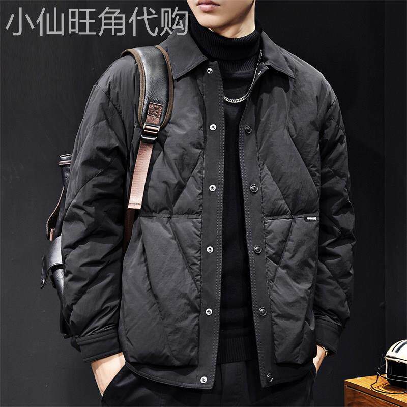 轻薄款白鸭绒羽绒服男士冬季潮牌美式复古大码翻领拼接衬衫式外套