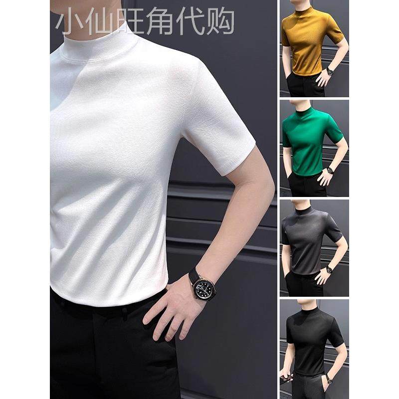 半高领秋季白t恤短袖男士2025新款高级感修身中高领男内搭打底衫