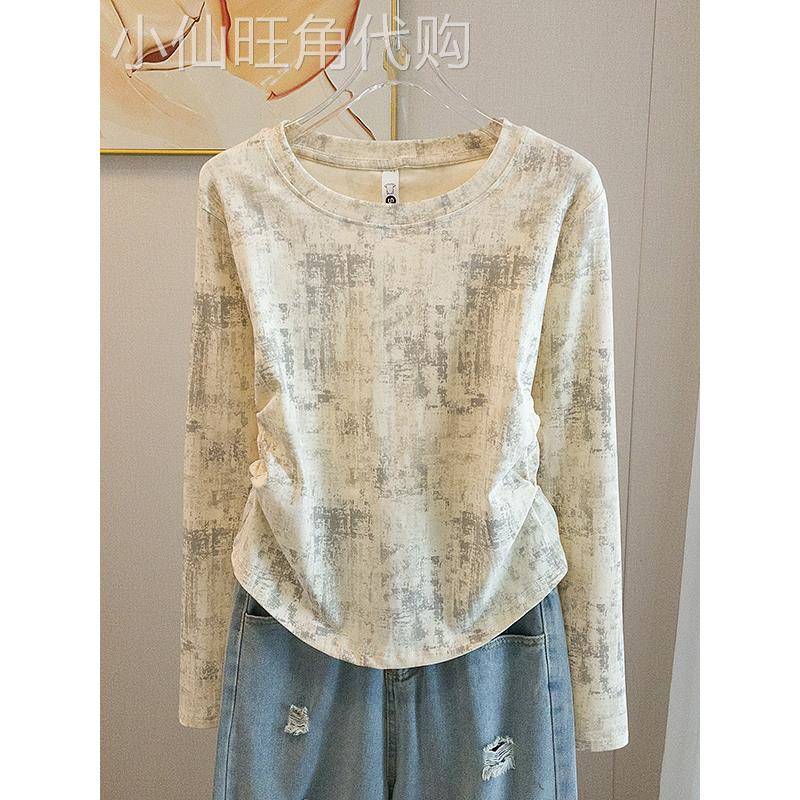 扎染褶皱内搭打底衫女春秋新款大码胖mm遮肚显瘦正肩长袖t恤上衣