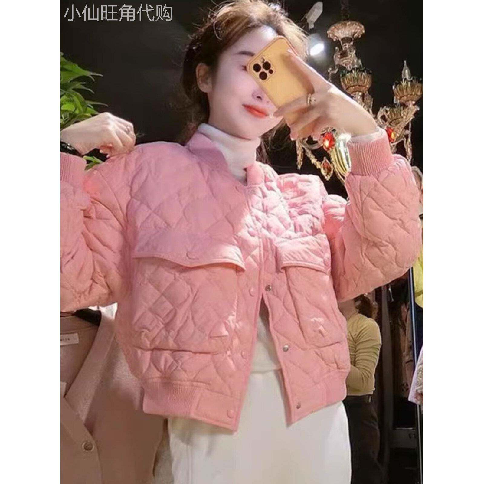 粉色棉衣口袋菱格棉服外套女春秋季新款立领纽扣时尚宽松短款棉袄