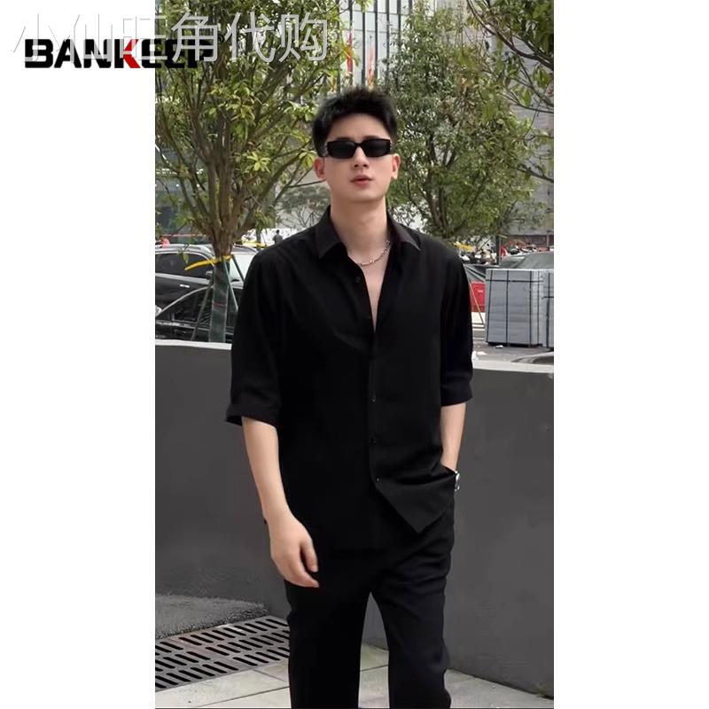 那不勒斯黑色衬衫男士短袖2026新款夏季高级感痞帅五分袖衬衫男款