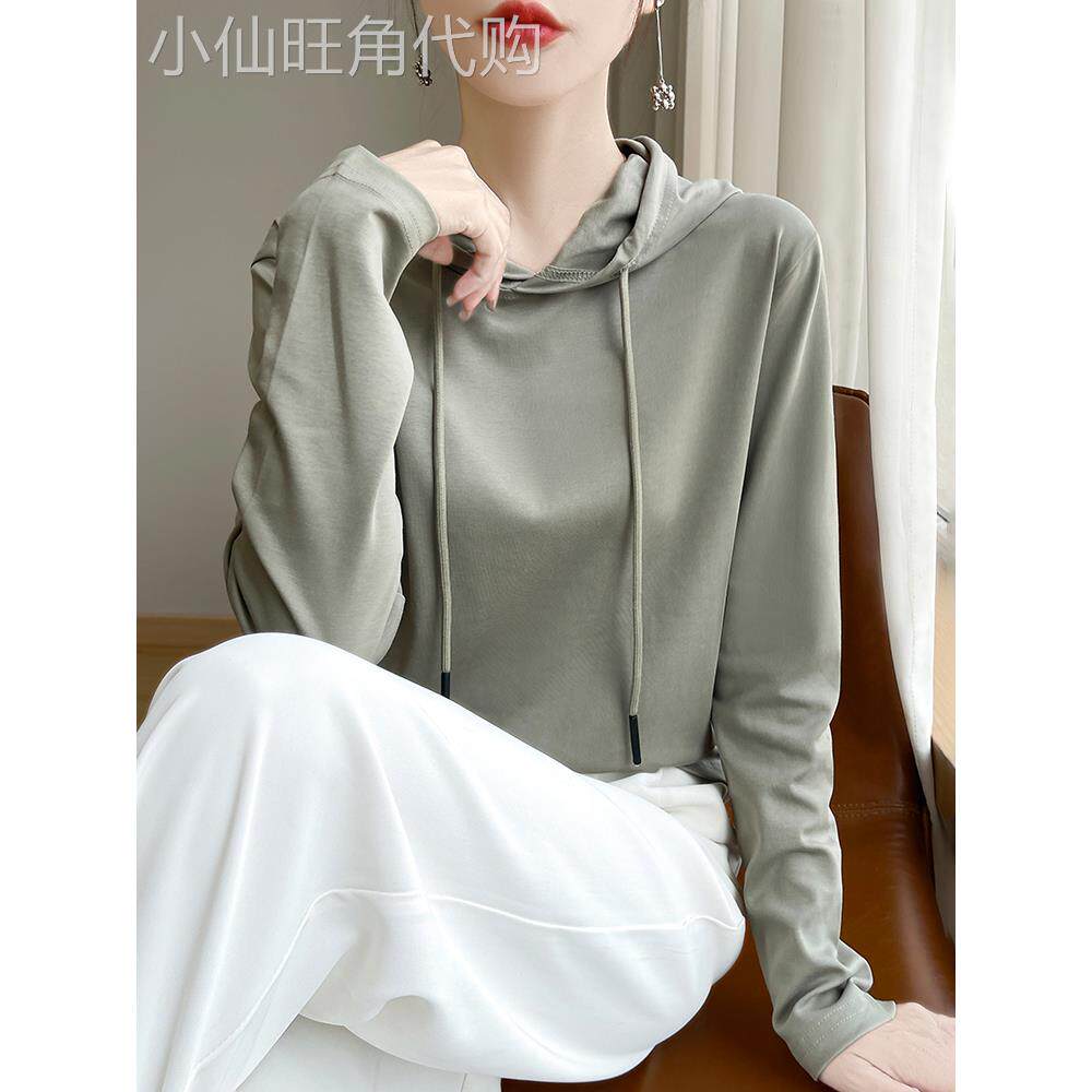 春秋新款连帽卫衣女宽松薄款百搭纯棉t恤长袖韩版休闲打底针织衫