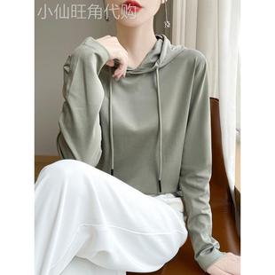 春秋新款连帽卫衣女宽松薄款百搭纯棉t恤长袖韩版休闲打底针织衫