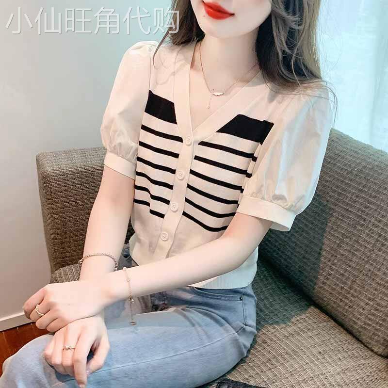 条纹冰丝针织衫短袖t恤女2025新款夏季修身V领正肩短款泡泡袖上衣