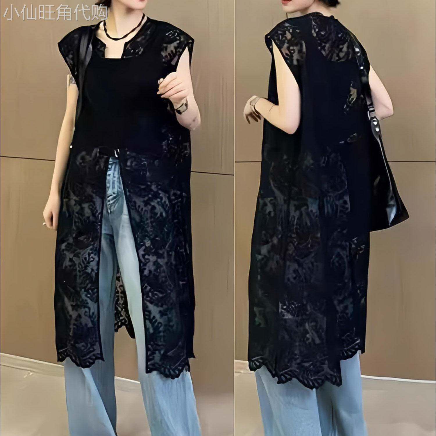 黑色蕾丝衫女2025夏季穿搭宽松提花镂空罩衫中长版开 叉无袖洋装