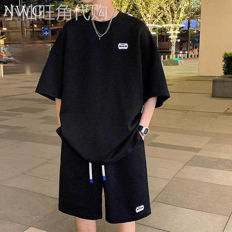 华夫格短袖T恤男夏季2026新款潮流宽松大尺码男装一套搭配运动套