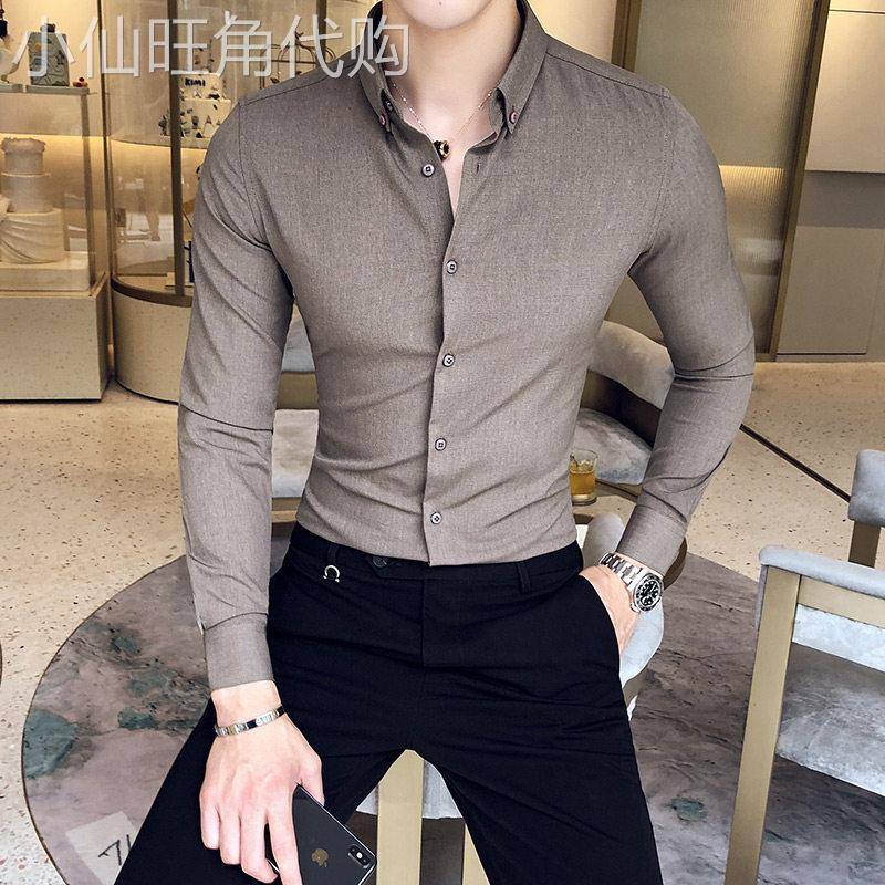 长袖衬衫男春秋季修身纯色商务休闲百搭免烫高级感寸衫男士衬衣服