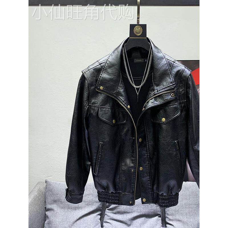潮牌痞帅机车服皮衣男士秋冬加绒韩版覆古潮流帅气宽松皮夹克外套