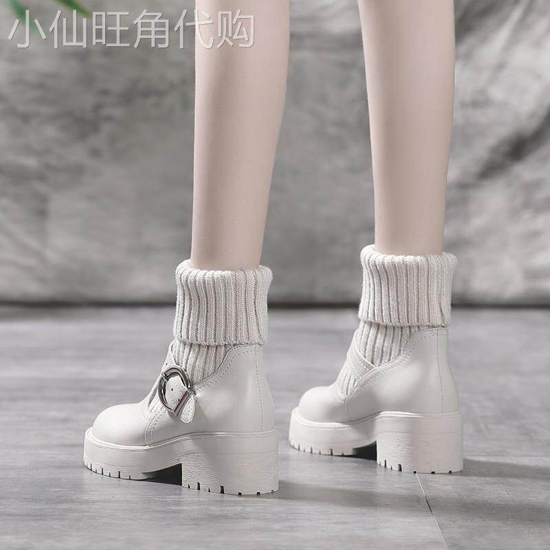 潮牌真皮马丁靴女米色低帮女鞋厚底秋冬加绒保暖针织毛线 线白色