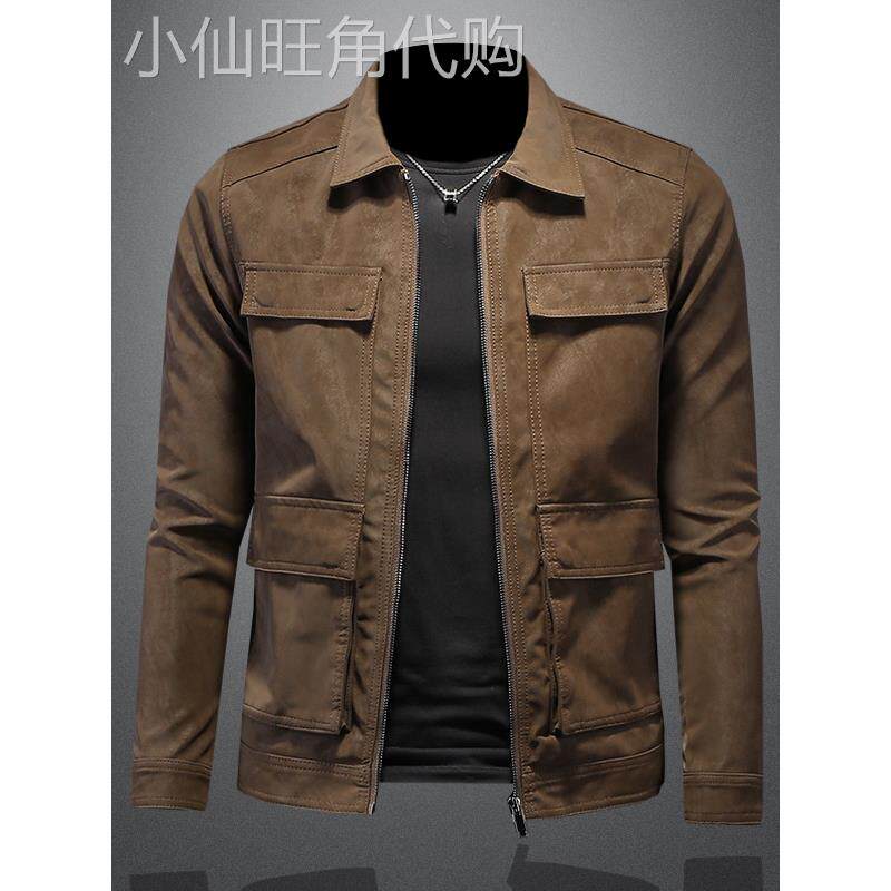 欧洲站覆古麂皮绒夹克男春秋韩版痞帅修身皮衣多口袋翻领休闲外套