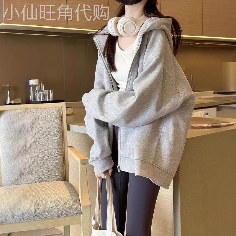 灰色连帽卫衣女春秋2026新款加厚休闲宽松显瘦开衫外套拉链上衣冬