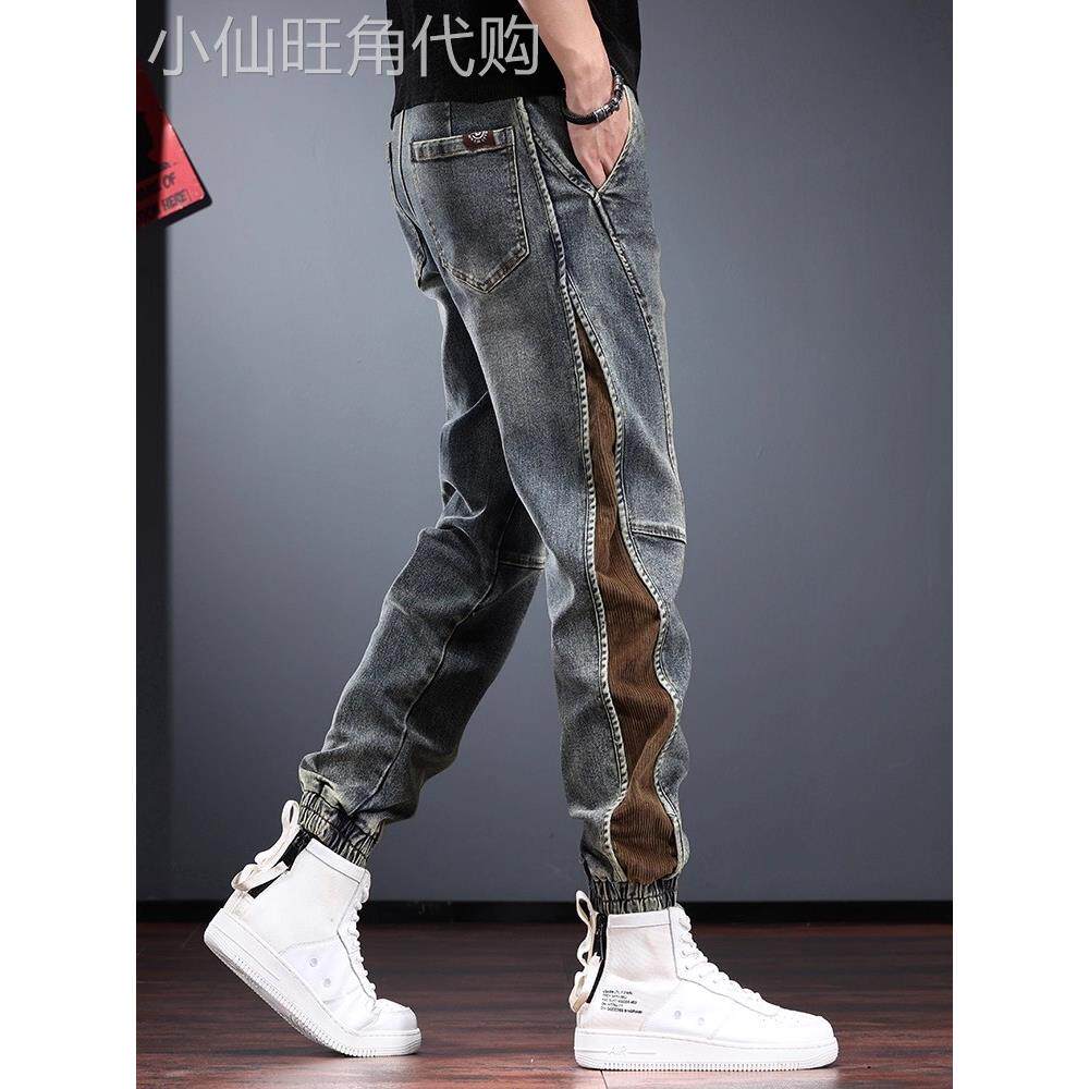 高端秋冬新款覆古痞帅抽绳牛仔裤男潮牌束脚松紧腰哈伦工装休闲裤