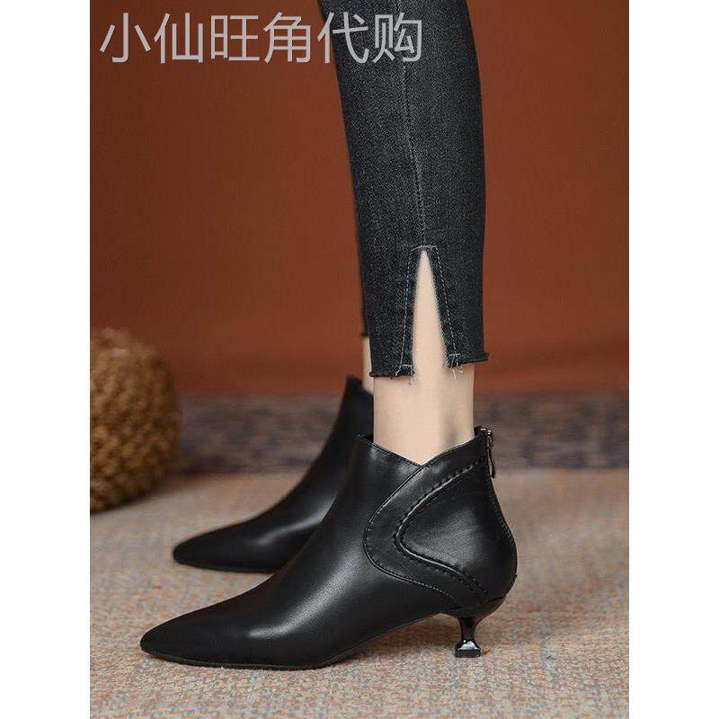 尖头细跟小跟短靴女2025新款秋冬低跟瘦瘦靴洋气百搭黑色高跟鞋子