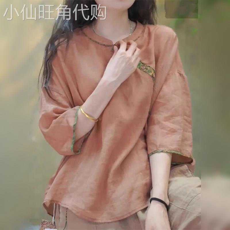 潮牌棉麻衬衫女士夏季薄款2026宽松设计感小众休闲亚麻七分袖上衣