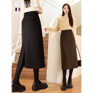 法国Rouje Dsyle黑色毛呢直筒半身裙女士春秋冬季中长款包臀长裙