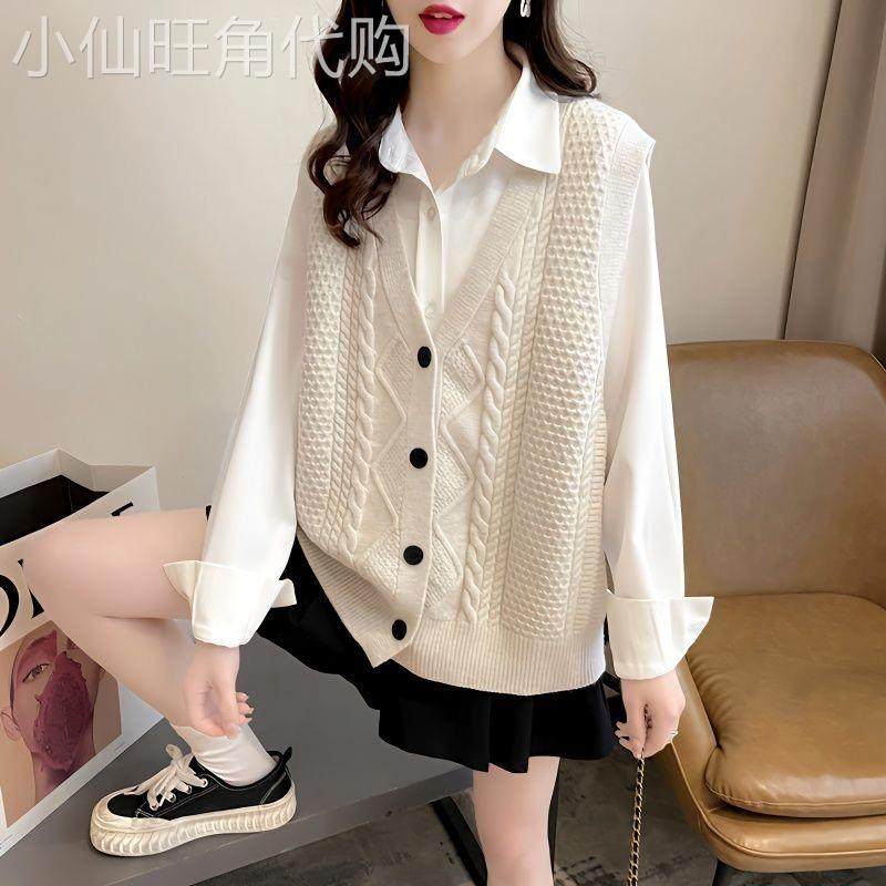 米白色针织马甲女秋季外穿2025新款背心开衫洋气大码马夹毛衣坎肩