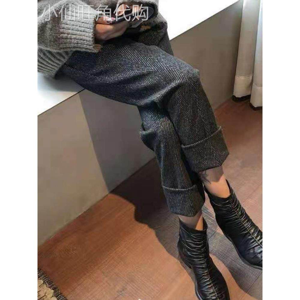 休闲直筒裤女秋冬2025新款高腰显瘦人字纹黑色西装毛呢九分烟管裤