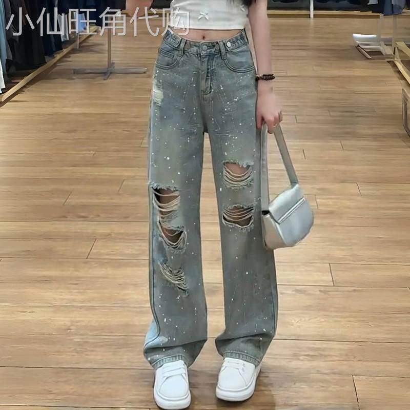 破洞直筒牛仔裤女夏季薄款2025新款高腰宽松显瘦小个子烫钻阔腿裤