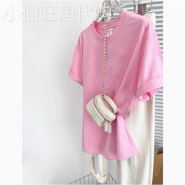 专柜奶油粉红色纯棉短袖t恤女2026夏季新款欧货宽松百搭纯色上衣