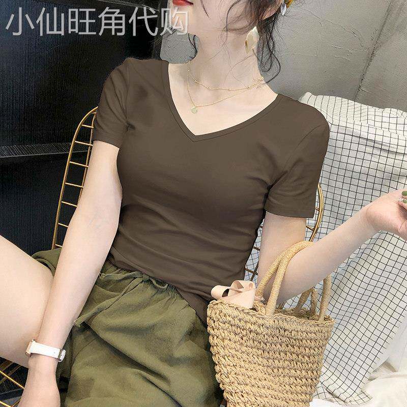 复古咖色t恤女短袖夏季修身小众气质半袖莫代尔V领显瘦上衣2026
