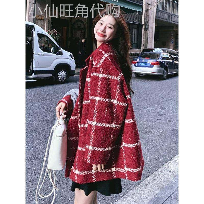 香港本命年红色格子羽绒西装毛呢外套女冬短款小个子宽松加厚呢子