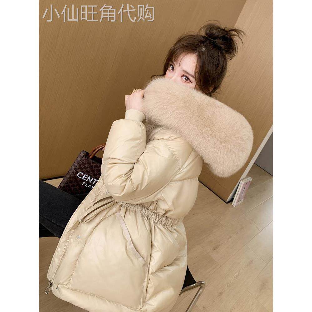 香港冬季新款毛领羽绒棉服女士小香风加厚中长款棉衣收腰连帽外套
