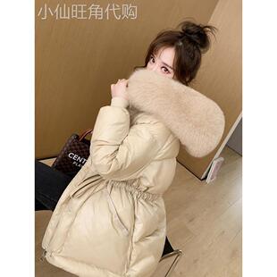 香港冬季新款毛领羽绒棉服女士小香风加厚中长款棉衣收腰连帽外套