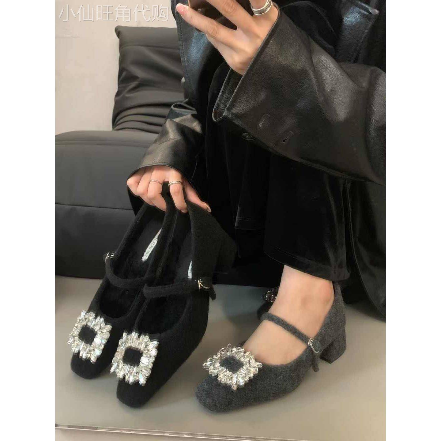 香港高级感灰色粗跟高跟方头水钻呢子单鞋女冬季加绒玛丽珍鞋子