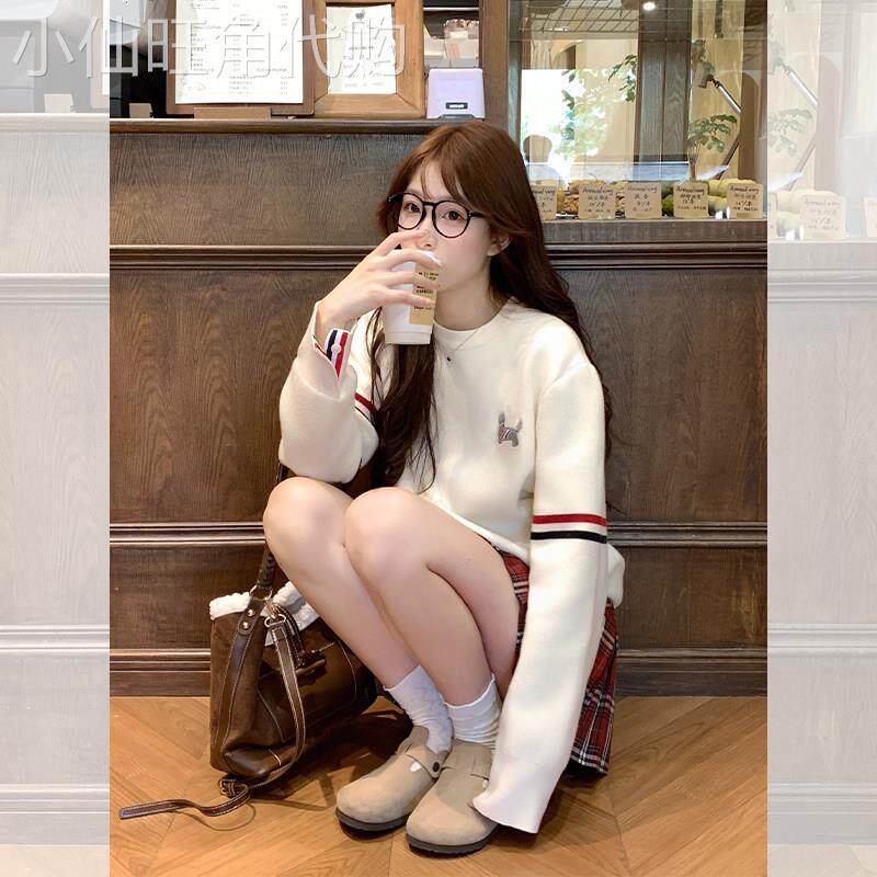 白色tb风毛衣女秋季2025新款高级感慵懒宽松韩系短款针织衫上衣