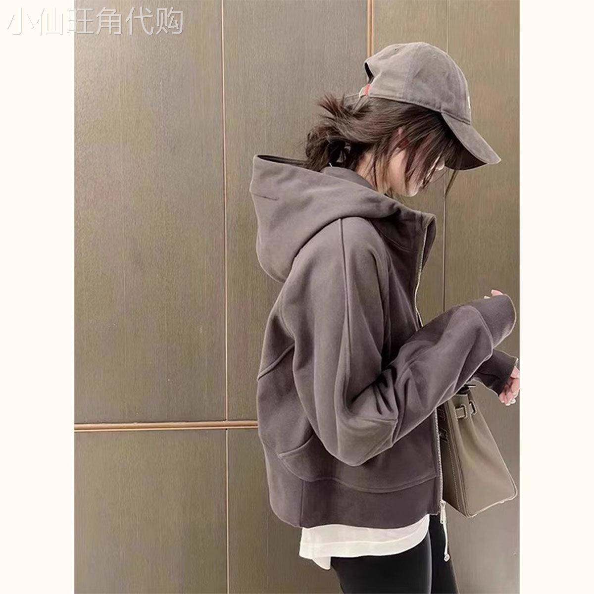灰色连帽运动衫外套女春秋2025新款宽松慵懒风显瘦长袖开衫休闲上