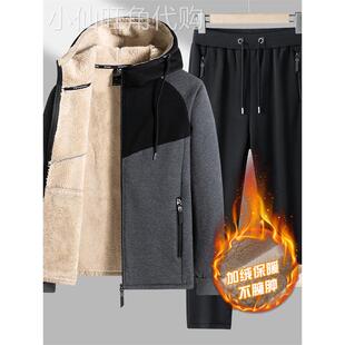 Mostarsea~加厚加绒纯棉卫衣男冬季连帽羊羔绒保暖休闲运动服套装