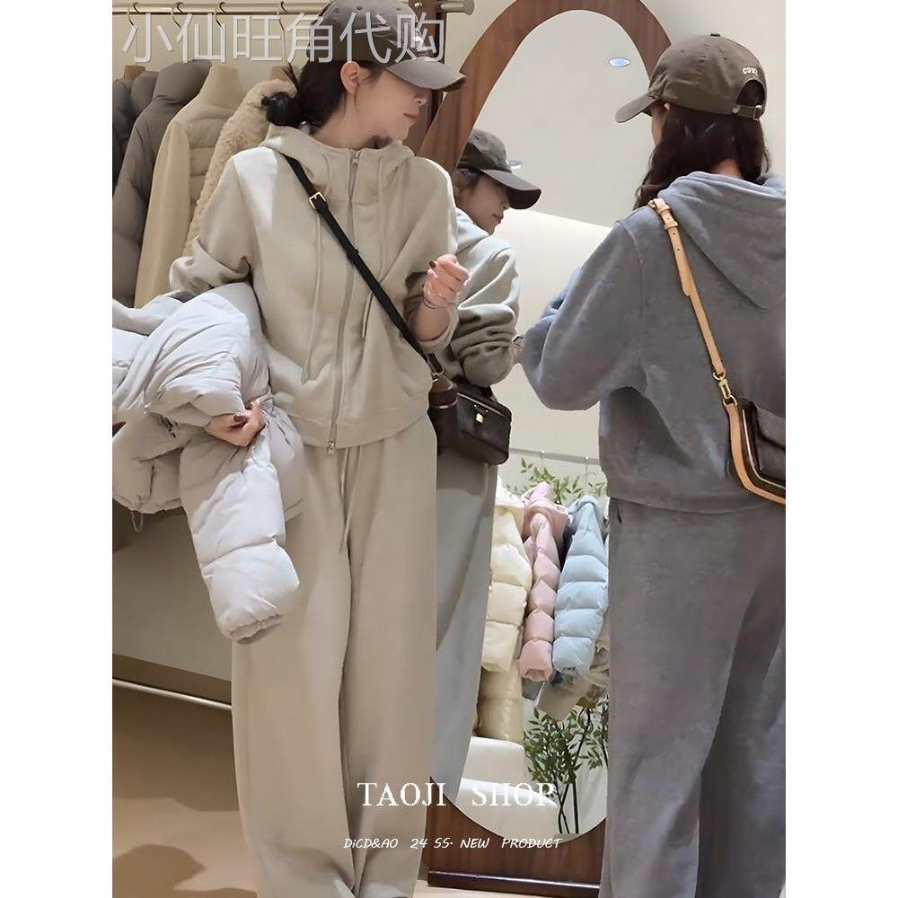 香港韩系连帽加绒卫衣松紧腰直筒裤休闲两件套装女2025秋冬一整套