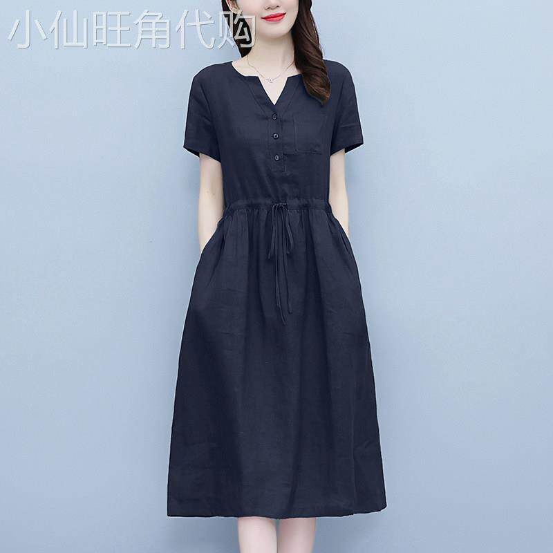 egmg棉麻洋装女夏季2026新款韩版抽绳收腰显瘦短袖a字中长裙子