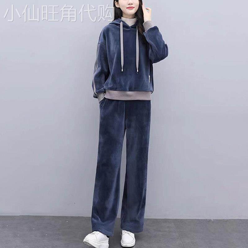金丝绒休闲 运动厚棉套装女秋冬季新款加绒加厚大尺码减龄女装两