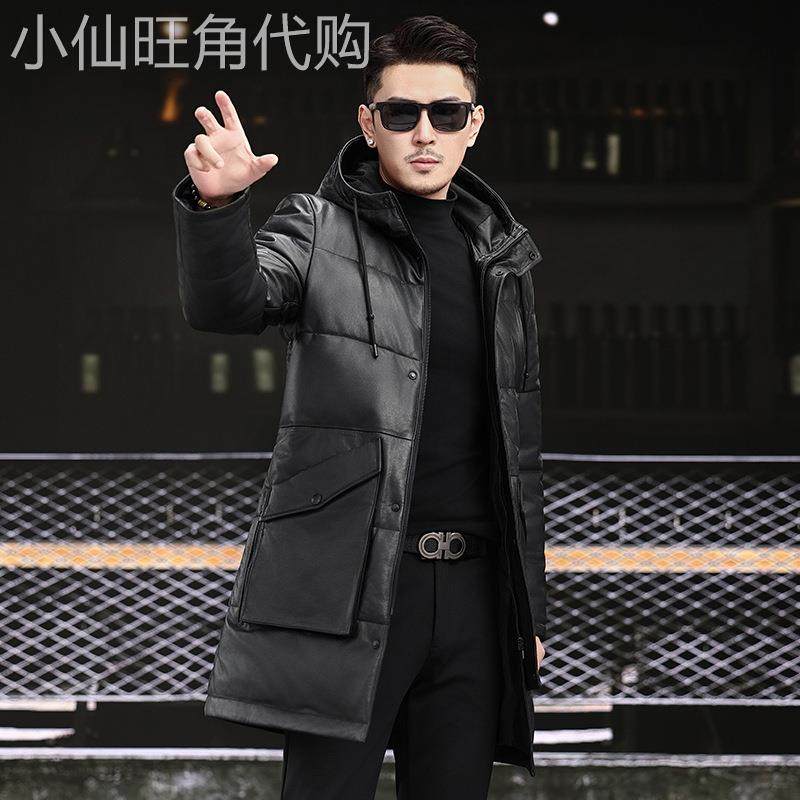 冬季加厚连帽真皮羽绒服男亮面牛皮皮衣中长款保暖白鸭绒青年外套
