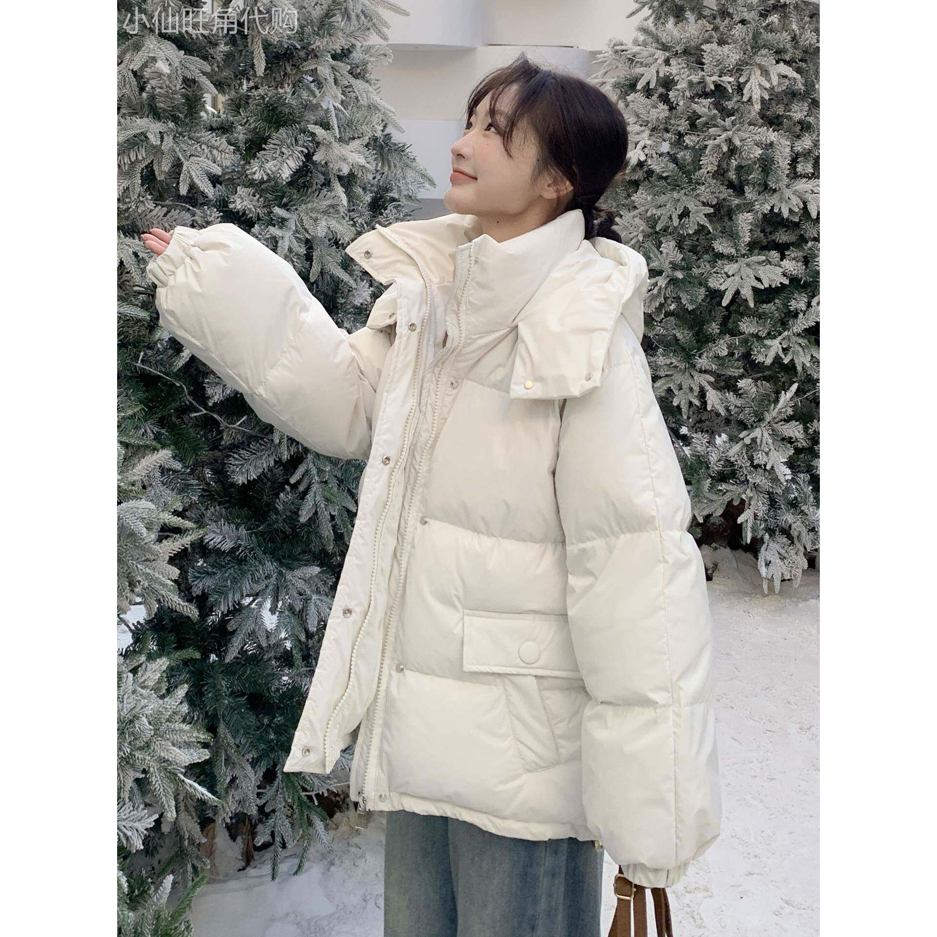 韩系宽松连帽羽绒服女款2025冬季新款小个子轻薄白鸭绒面包服外套