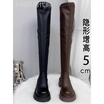 香港真皮过膝长筒靴女2025秋冬新款爆款加绒厚底增高筒骑士长靴子