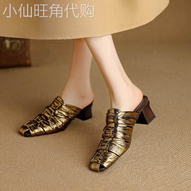 意大利皮娜厚跟5.5cm⭐女性真皮编织休闲凉鞋柔软透气脚趾拖鞋