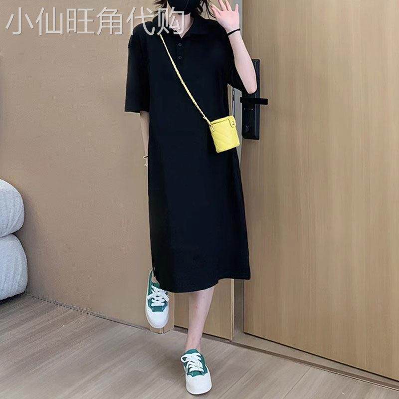 polo洋装女夏季2025新款中长版休闲 运动宽松直筒黑色短袖T恤裙