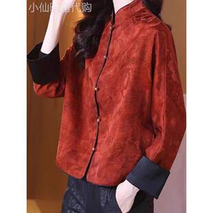 香云纱新中式国风红色宽松短款外套妈妈唐装真丝桑蚕丝立领女上衣