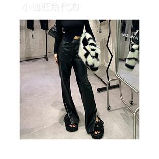 拖地阔腿长裤 女高腰显瘦直筒微喇叭覆古窄版 开叉皮裤 2025春秋新款