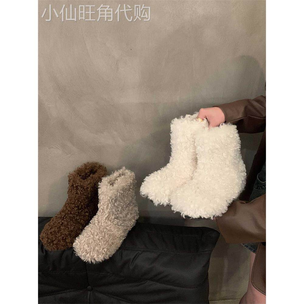 香港平底秋季加绒雪地靴女鞋2025新款羊卷毛毛鞋雪地棉鞋短靴子